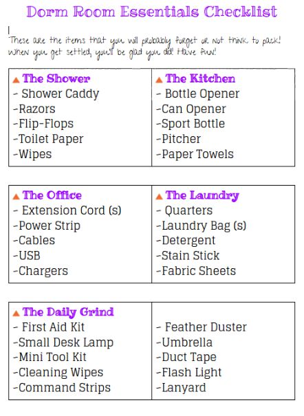 Free Printable Dorm Supply Checklist