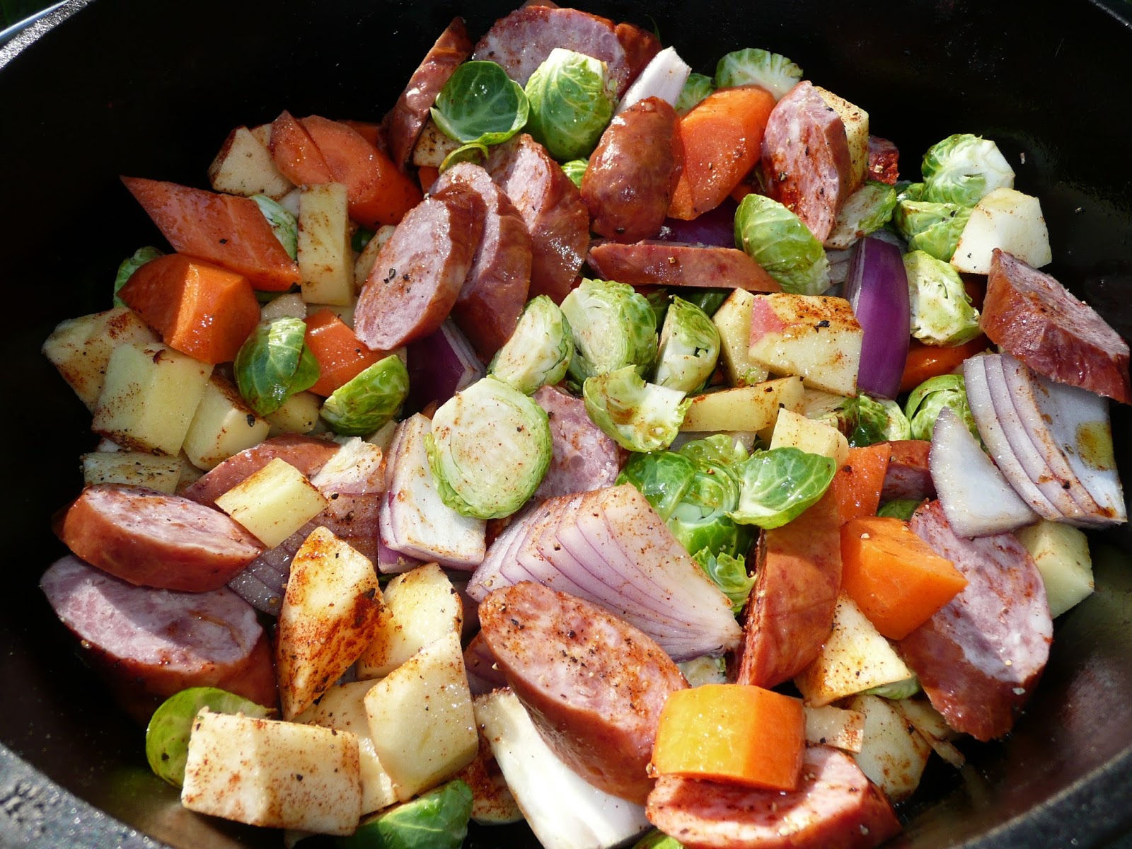 Everyday Dutch Oven Roasted Apple, Vegetable and Kielbasa Bake
