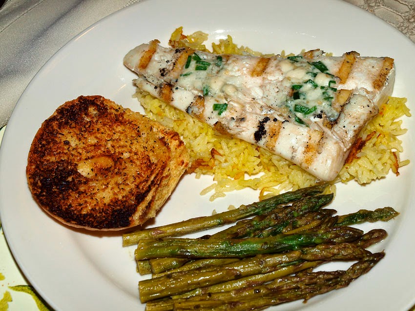 Pellet Smoker Cooking Grilled Halibut over Saffron Rice and Asparagus