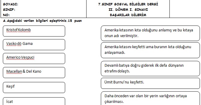 7. Sinif Sosyal Bilgiler 2. Dönem 1. Yazılı Sınav Soruları 2013