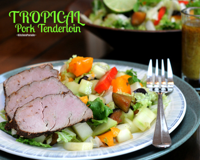 Tropical Pork Tenderloin with Tropical Salad Supper, lean pork tenderloin seasoned with spices and topped with a sweet-hot glaze. Another Quick Supper recipe from Kitchen Parade. Tropical Pork Tenderloin with Tropical Salad Supper, lean pork tenderloin seasoned with spices and topped with a sweet-hot glaze. Another Quick Supper recipe from Kitchen Parade.