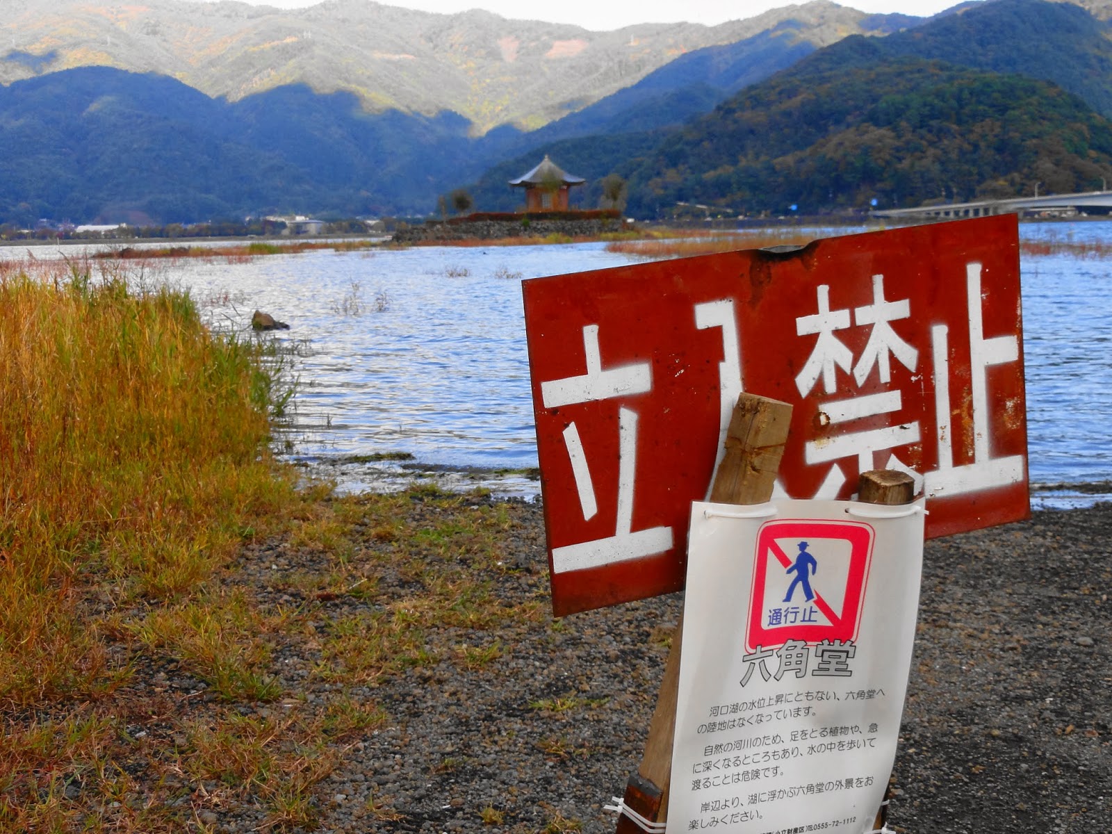 南アルプスのしずく 河口湖の六角堂水位もどり浮島へ