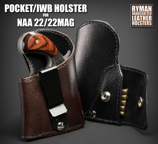IWB/Pocket Holster for NAA 22LR and NAA 22MAG, Holster for North American Arms, suede-lined with ammo pocket. North American Arms Custom Holster by Ryman Holsters