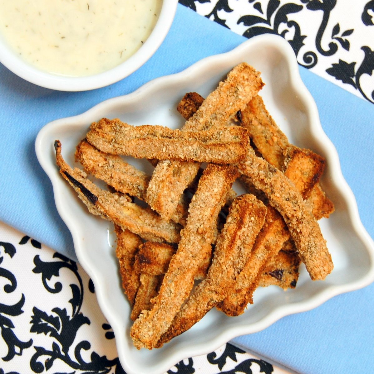 Virtually Vegan Mama Baked Eggplant Fries with Lemon Dill Dipping Sauce