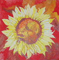 Sunflower From Sue's 10" X 10" acrylic on canvas Single flower centered on canvas. Yellow flower with red, orange and yellow on the background leaves.