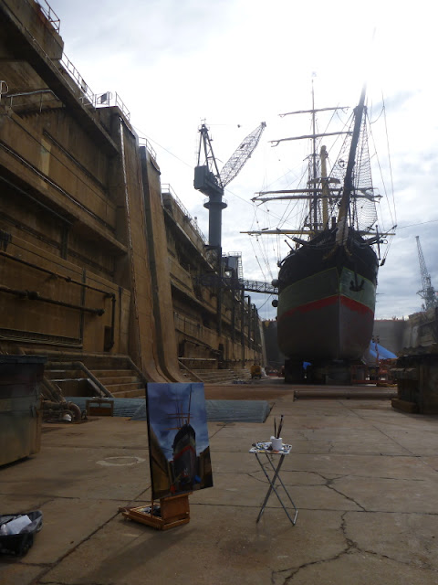 Unfinished plein air painting of "Painters with 'James Craig ' in Garden Island dry dock" by Jane Bennett Unfinished plein air painting of "Painters with 'James Craig ' in Garden Island dry dock" by Jane Bennett