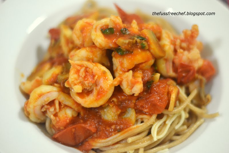 the FUSS FREE chef Easy Western Post 4 Shrimp and Mushroom Pasta in Marinara Sauce