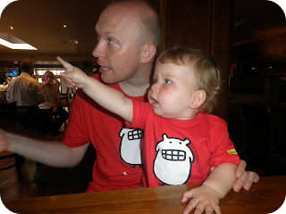 dad and son in matching T-shirts