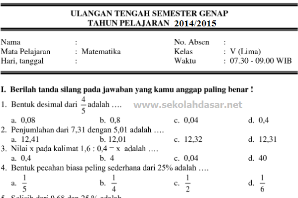 Soal UTS Semester 2 Kelas 1, 2, 3, 4, 5, dan 6 SD