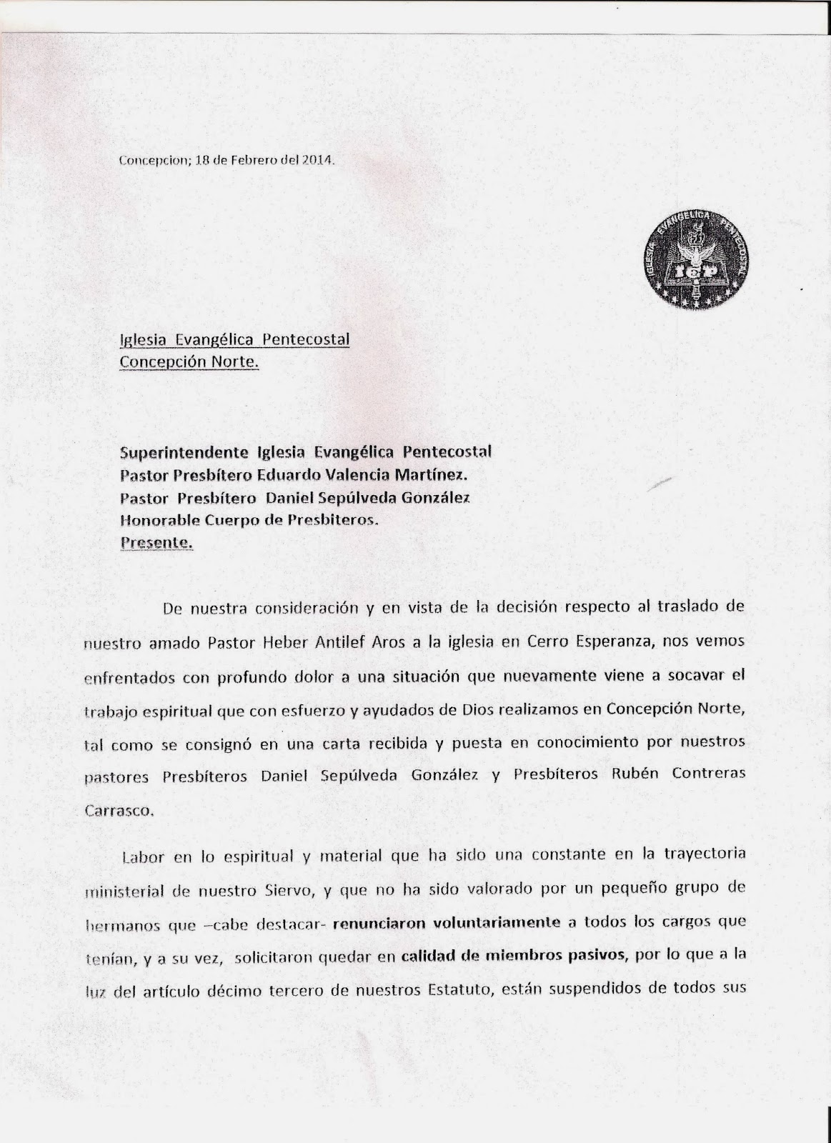 REVISTA OBSERVATORIO DE LA IGLESIA EVANGÉLICA PENTECOSTAL CARTA DE LOS