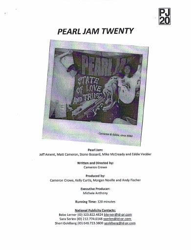 THE SKY I SCRAPE: Pearl Jam Twenty: Movie Press Packet