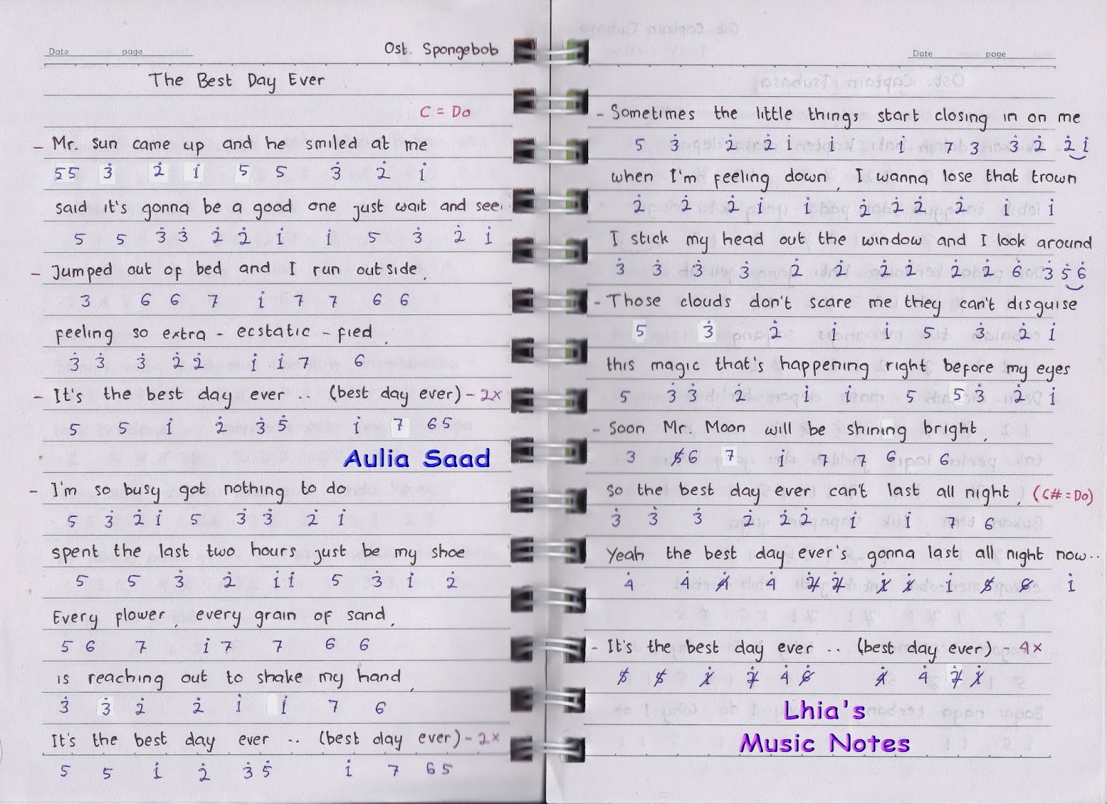 Not Angka Ost. Spongebob The Best Day Ever Aulia's World