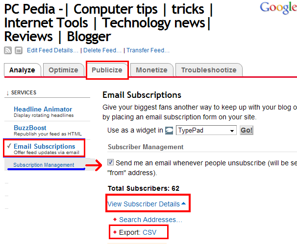 Tutorial:Email addresses of Feedburner subscribers