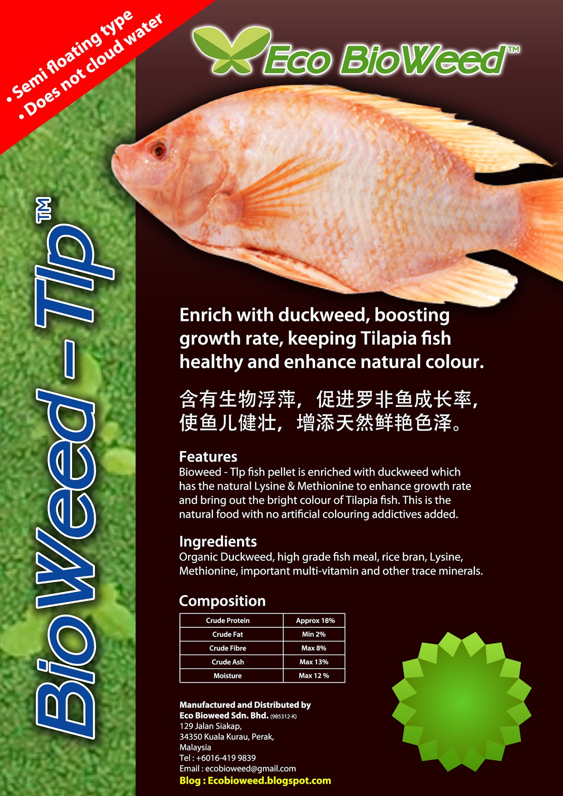 Eco Bioweed Pellets for high volume Tilapia Fish