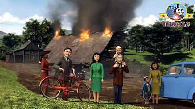 The Fat Controller old log shed house burning down red locomotive Flynn fire engine crowds watching