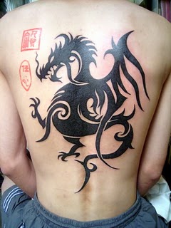 Black ink Chinese Dragon Tattoo on Male Back