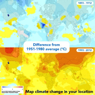 Global temperature map of the last 20 years compared to 100 years earlier