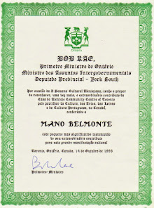 DIPLOMA DE AGRADECIMENTO DO PRIMEIRO MINISTRO DO ONTÁRIO/CANADÁ