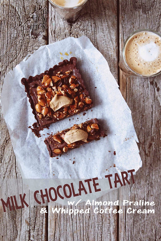 Milk and Honey Milk Chocolate Tart with Almond Praline and Whipped Coffee Cream