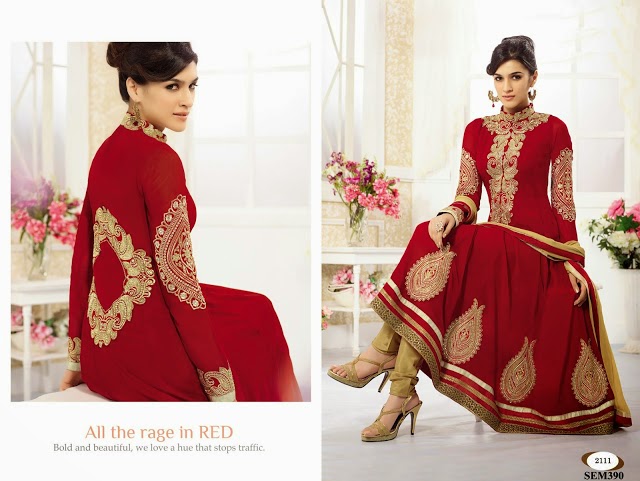  Designer Red Long Anarkali Suit with Golden Work 