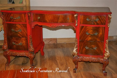 Going For Baroque - A Gorgeous Desk Makeover By Southside Furniture Revival Using Annie Sloan Emperor's Silk Chalk Paint And Modern Masters Metallic Gold Paint - Featured On Furniture Flippin'