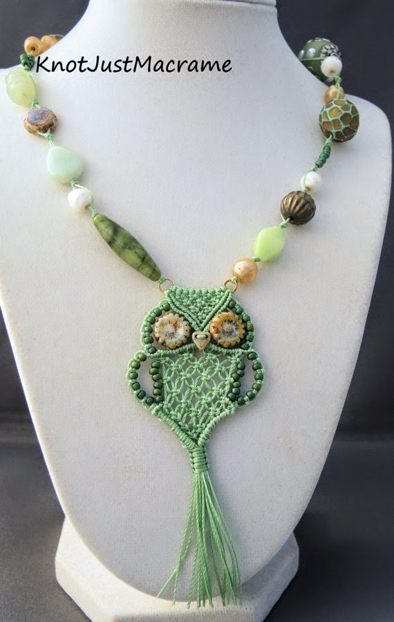 Light green micro macrame owl pendant necklace by Sherri Stokey 