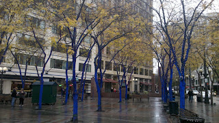 Blue trees in Seattle's Westlake Park