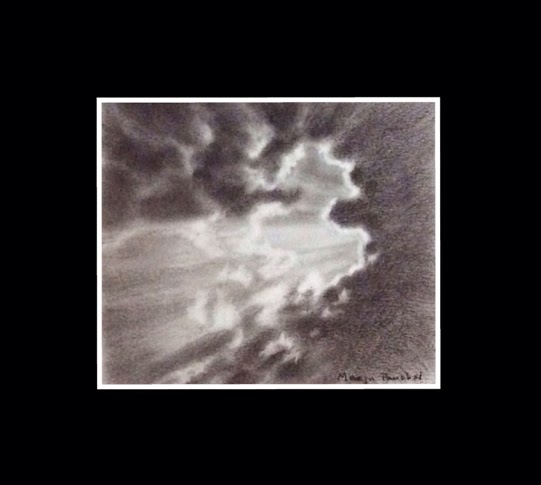 Charcoal painting of rays of light from clouds by Manju Panchal