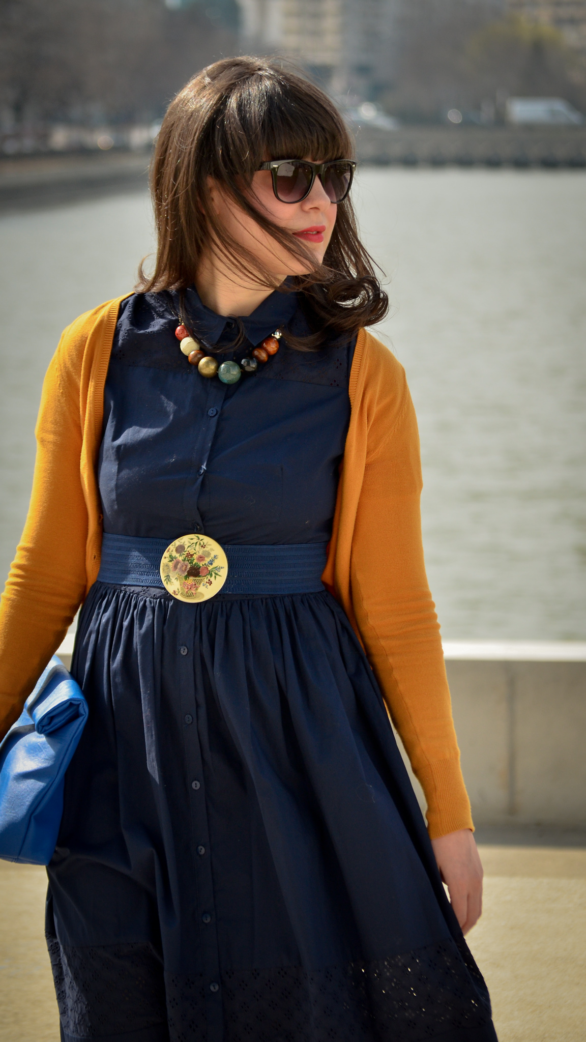 spring outfit navy dress 50s style mustard cardigan c&a thrifted belt cobalt blue clutch new yorker poema mustard heels 