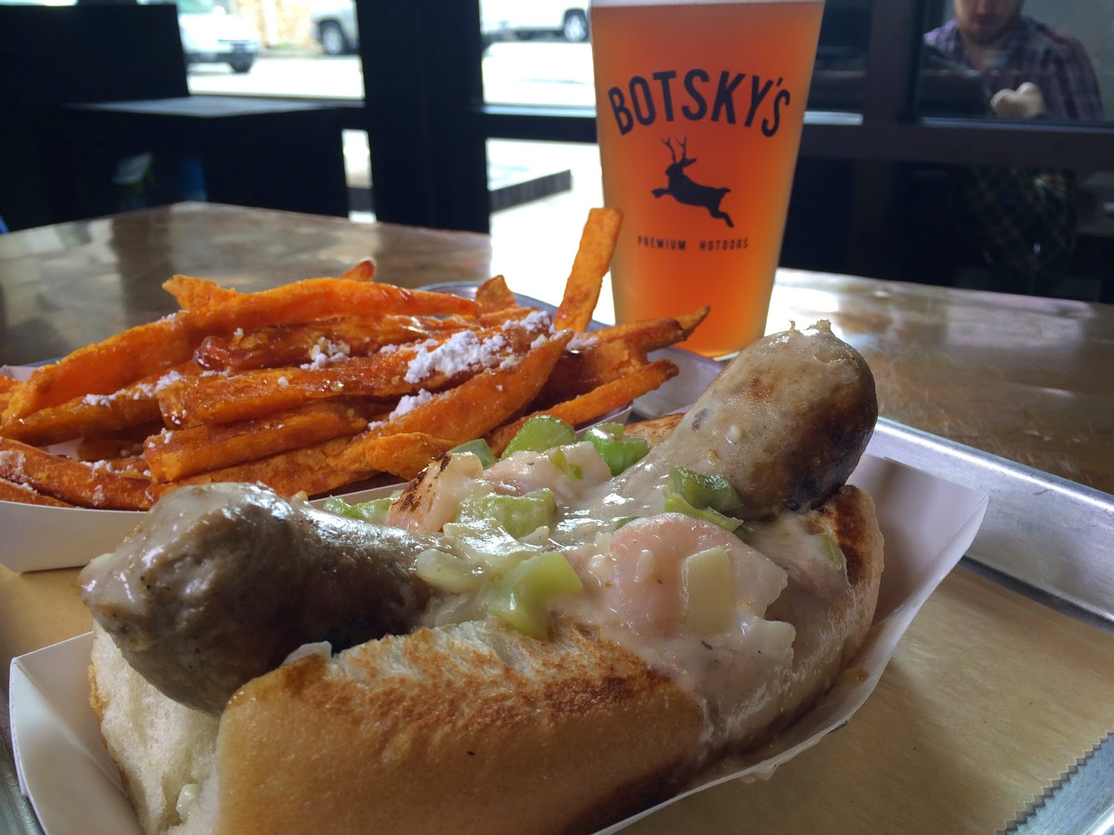 How about this dog topped with Shrimp Creole with a side of sweet potato fries topped with Steen's and powdered sugar?