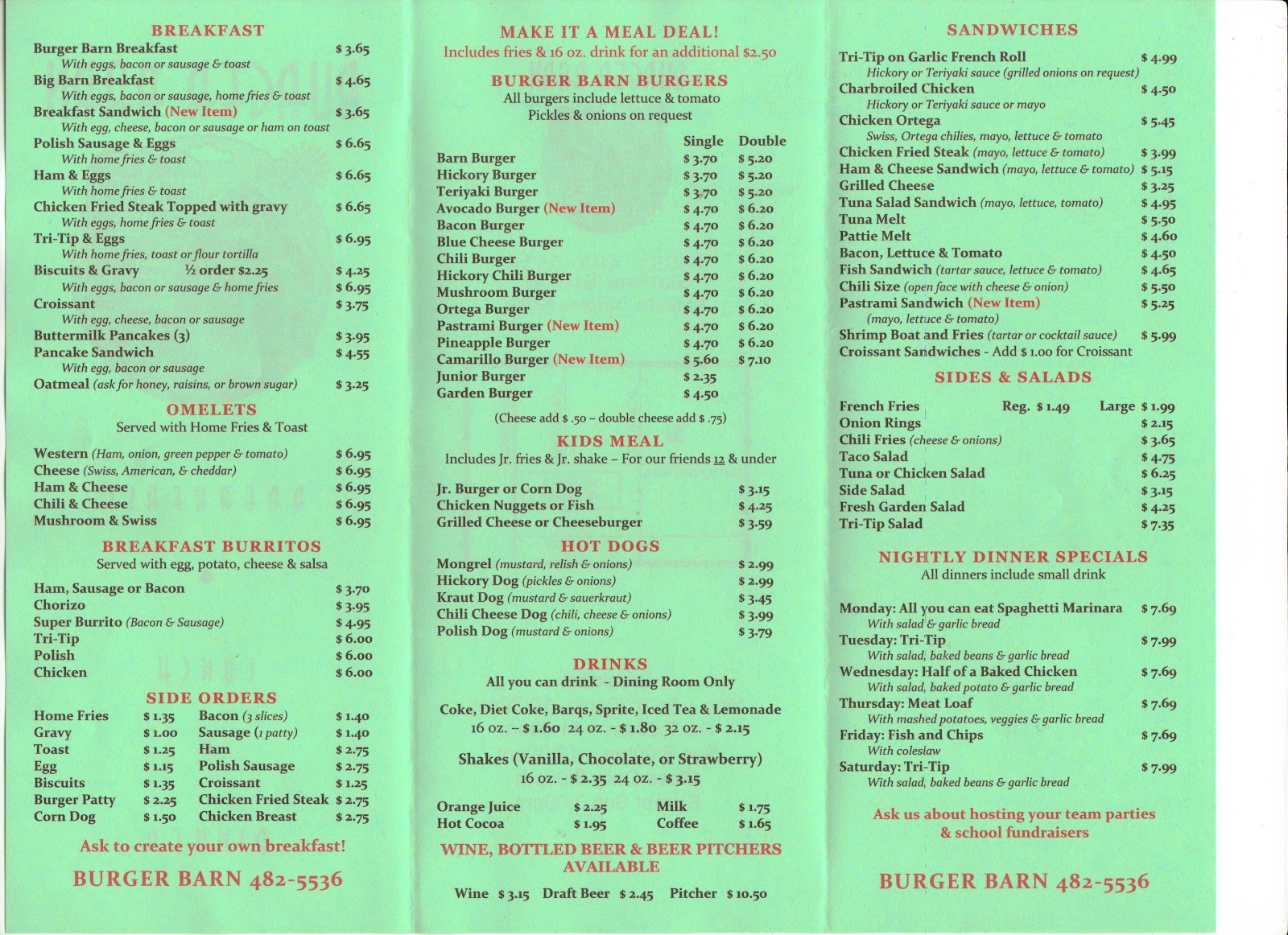 Vc Menu Burger Barn Camarillo