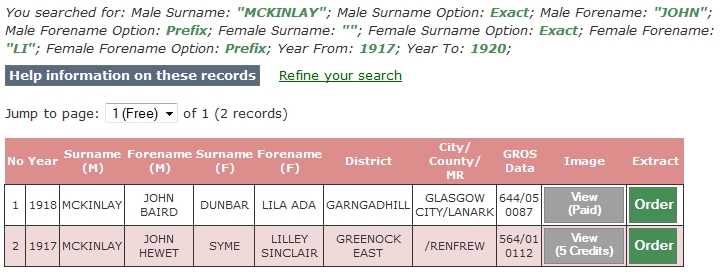 ScotlandsPeople.gov.uk search results for statutory marriages for John McKinlay, wife's forename starting with "Li", with a year range between 1917 and 1920.