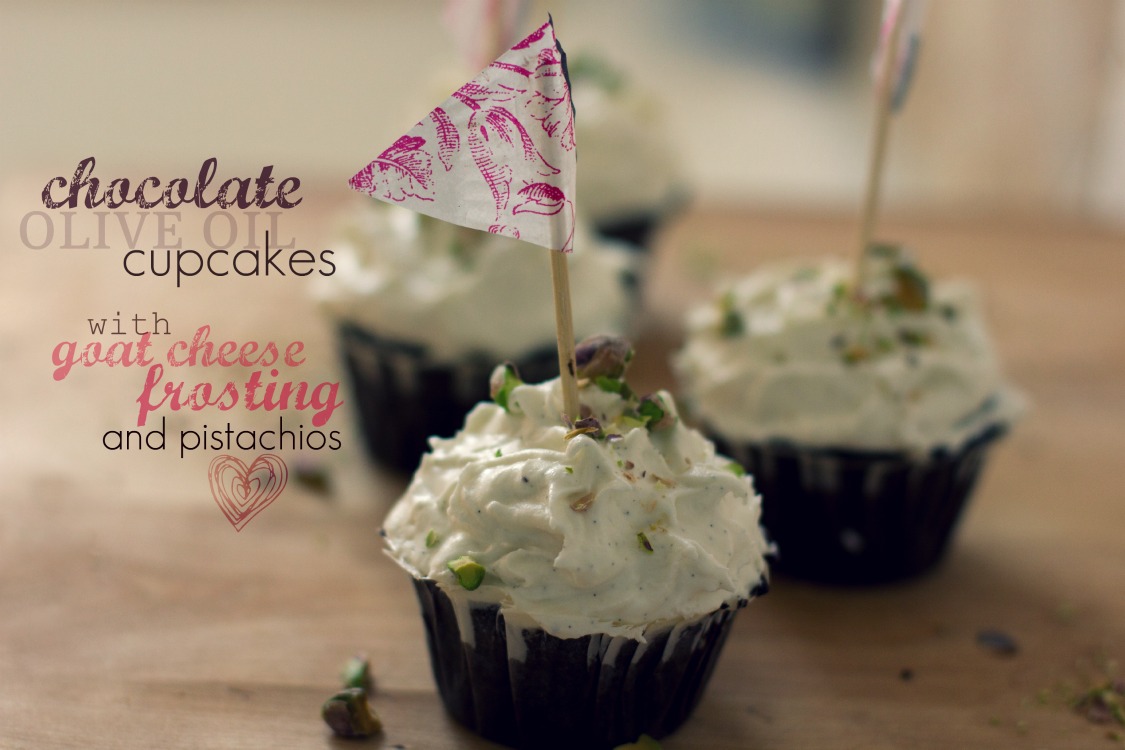 chocolate olive oil cupcakes with goat cheese frosting and pistachios The Vanilla Bean Blog