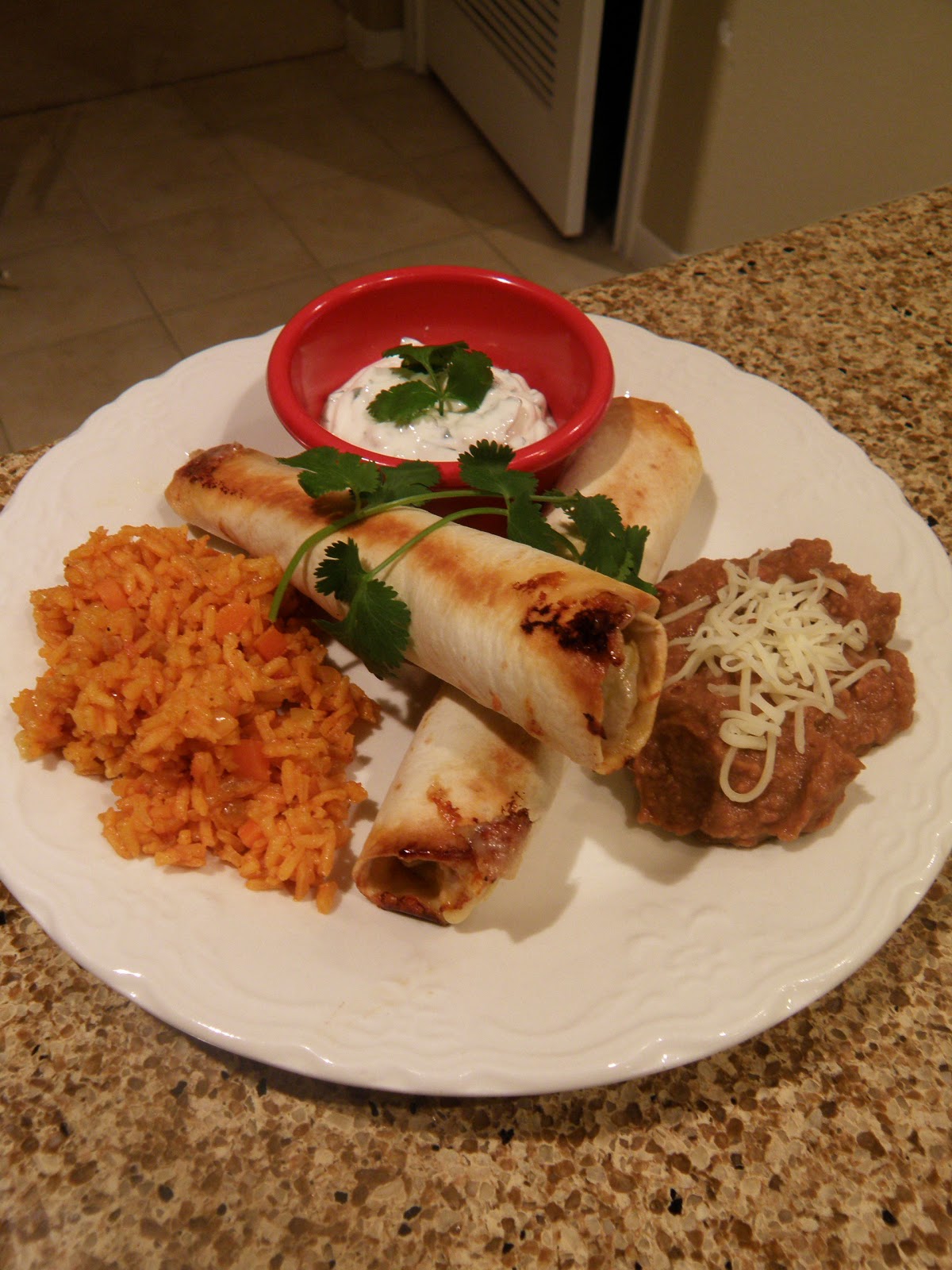 Kim's Concoctions: Baked Chicken Flautas with Spanish Rice, Refried