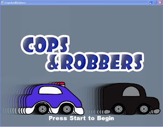 Cop car chasing robber car.
