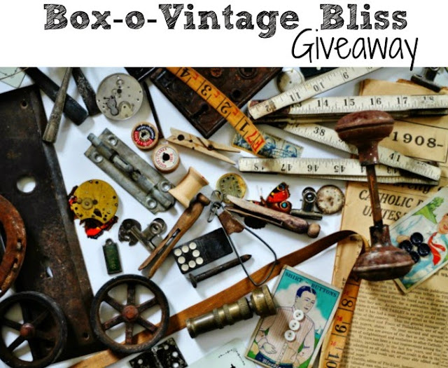 Rusty Salvage Giveaway with doorknob, tape measure rusty wheels, vintage clothespins, antique stamps rusty springs vintage buttons, rusty hinges, watch gears, antique book pages and more from knickoftimeinteriors.blogspot.com