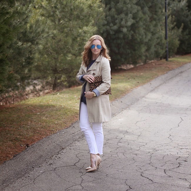 trench coat, jcrew sweater, free people jeans, kate spade heels, ray ban sunglasses, julie vos necklace, clare v clutch