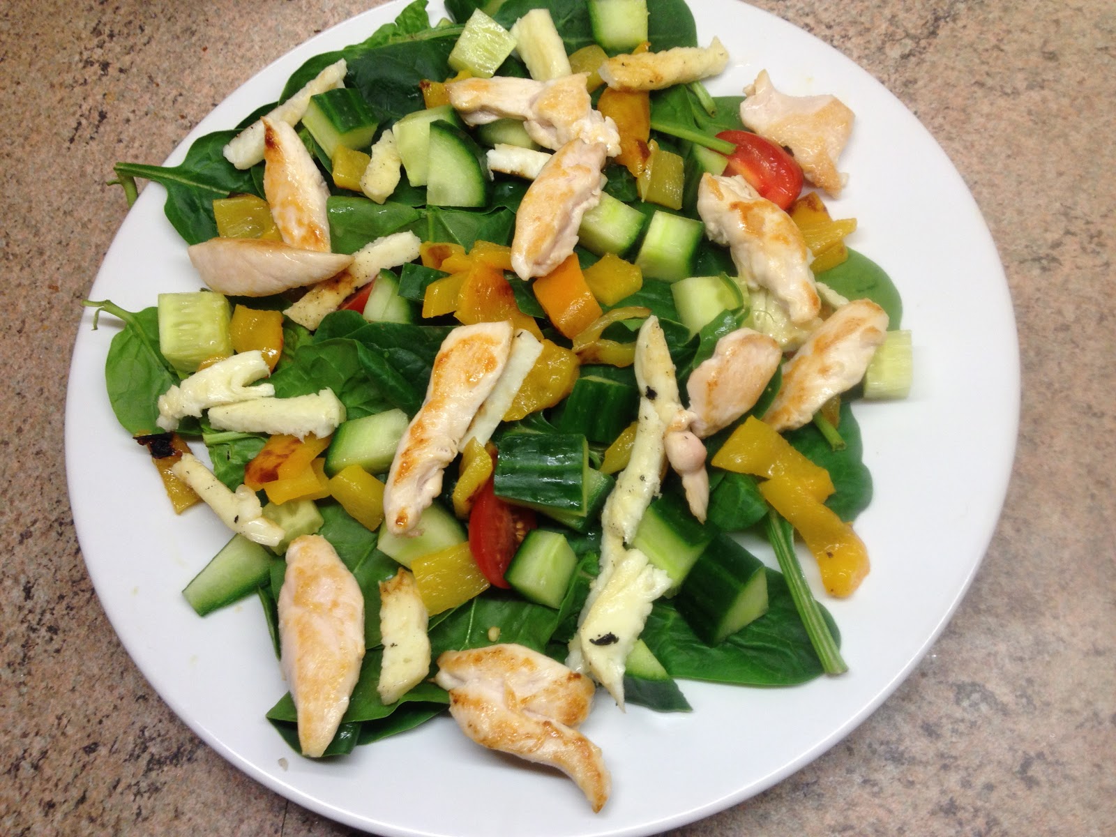 Brunch etc. Super salad Chicken, halloumi, spinach and roasted peppers