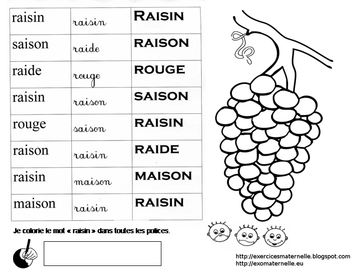 Maternelle Avec du raisin dénombrement, repérage spatial, reconnaissance du mot