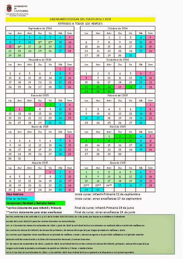 CALENDARIO ESCOLAR 2014-15