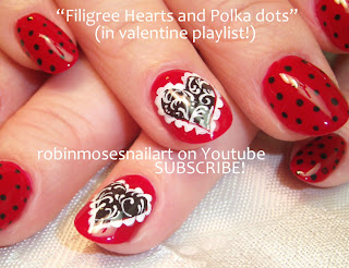 My Bloody Valentine Nail Art, Filigree Heart with Polka Dots, polka dot nail art, valentines day nails, 