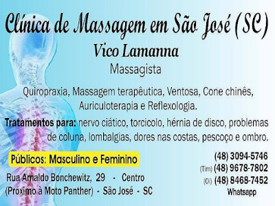Massagista Massagem Terapeutica Massoterapia para dores nas costas, coluna, ciático, lombares, torcicolo, hérnia, ombro e pescoço - Clínica de Massagem Terapêutica em São José SC - Grande Florianópolis Massagista Massagem Terapeutica Massoterapia para dores nas costas, coluna, ciático, lombares, torcicolo, hérnia, ombro e pescoço - Clínica de Massagem Terapêutica em São José SC - Grande Florianópolis