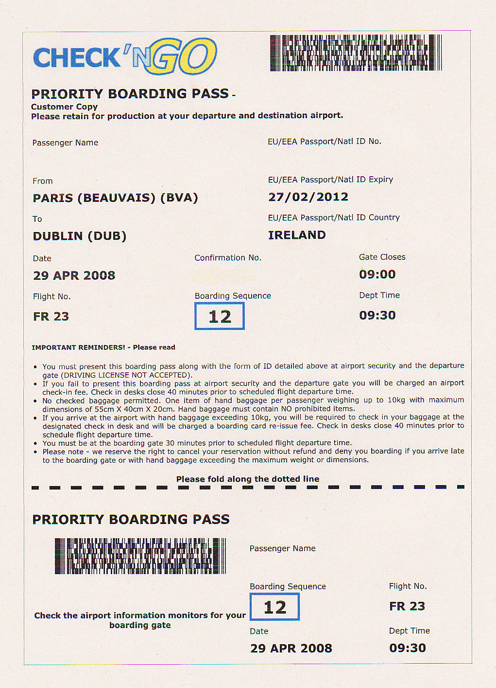 The traveler's drawer Check'n Go for RYANAIR. Priority boarding pass