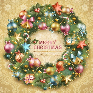 Beautiful Merry Christmas and happy holidays lettering in center of Christmas wreath decoration with X mas bells, baubles,gifts,stars in flowers texture background