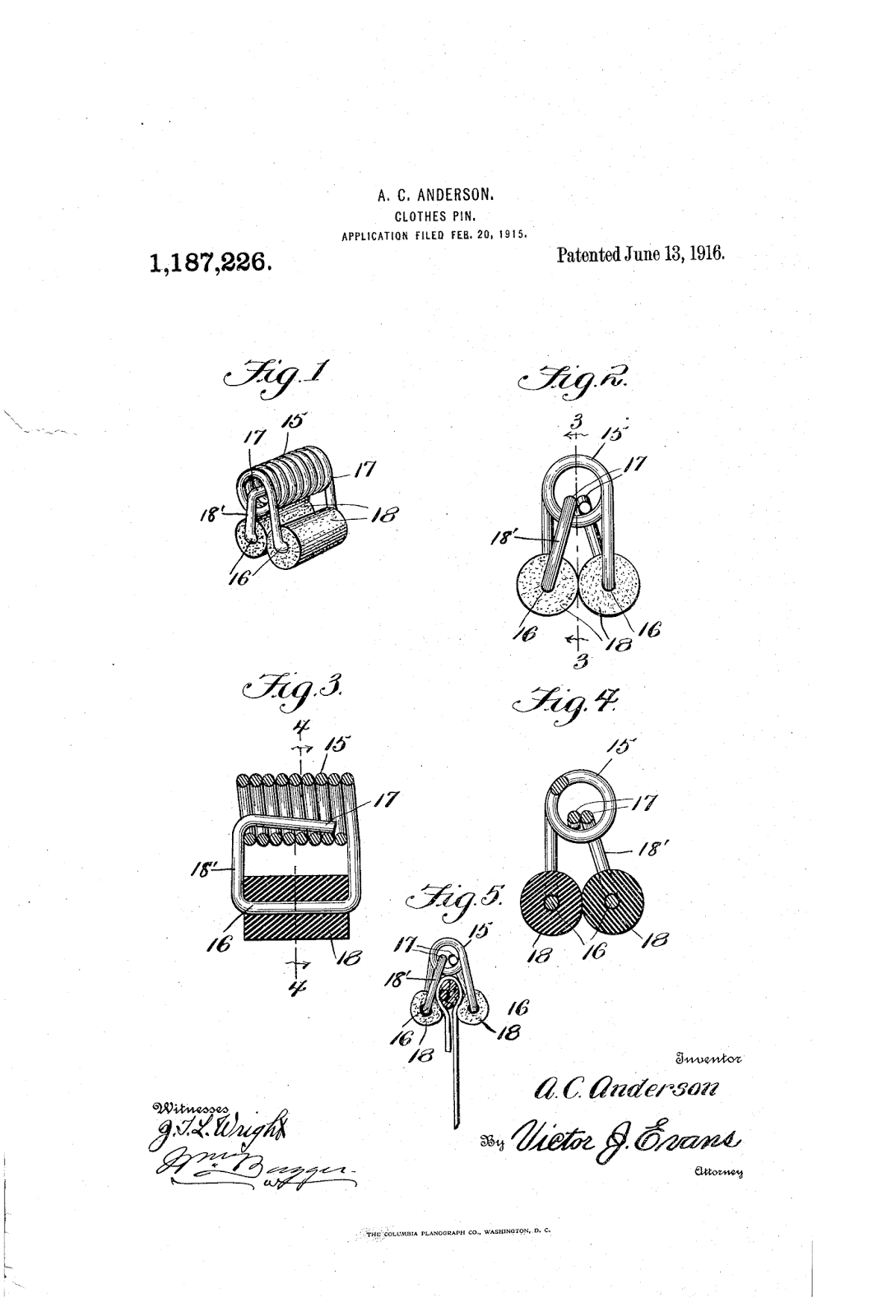 Vintage Clothespins Patent Drawings
