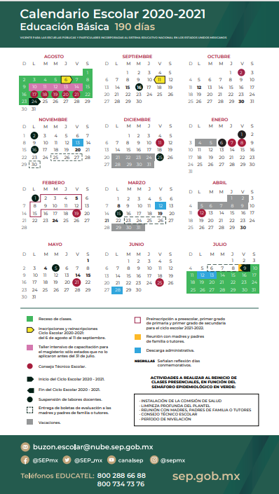 Calendario Escolar 2020-2021 Educación Básica 190 días