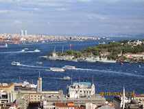 Istanbul from Galata Tower, view of Bosphorus Strait. Europe on right, Asia on left (background)