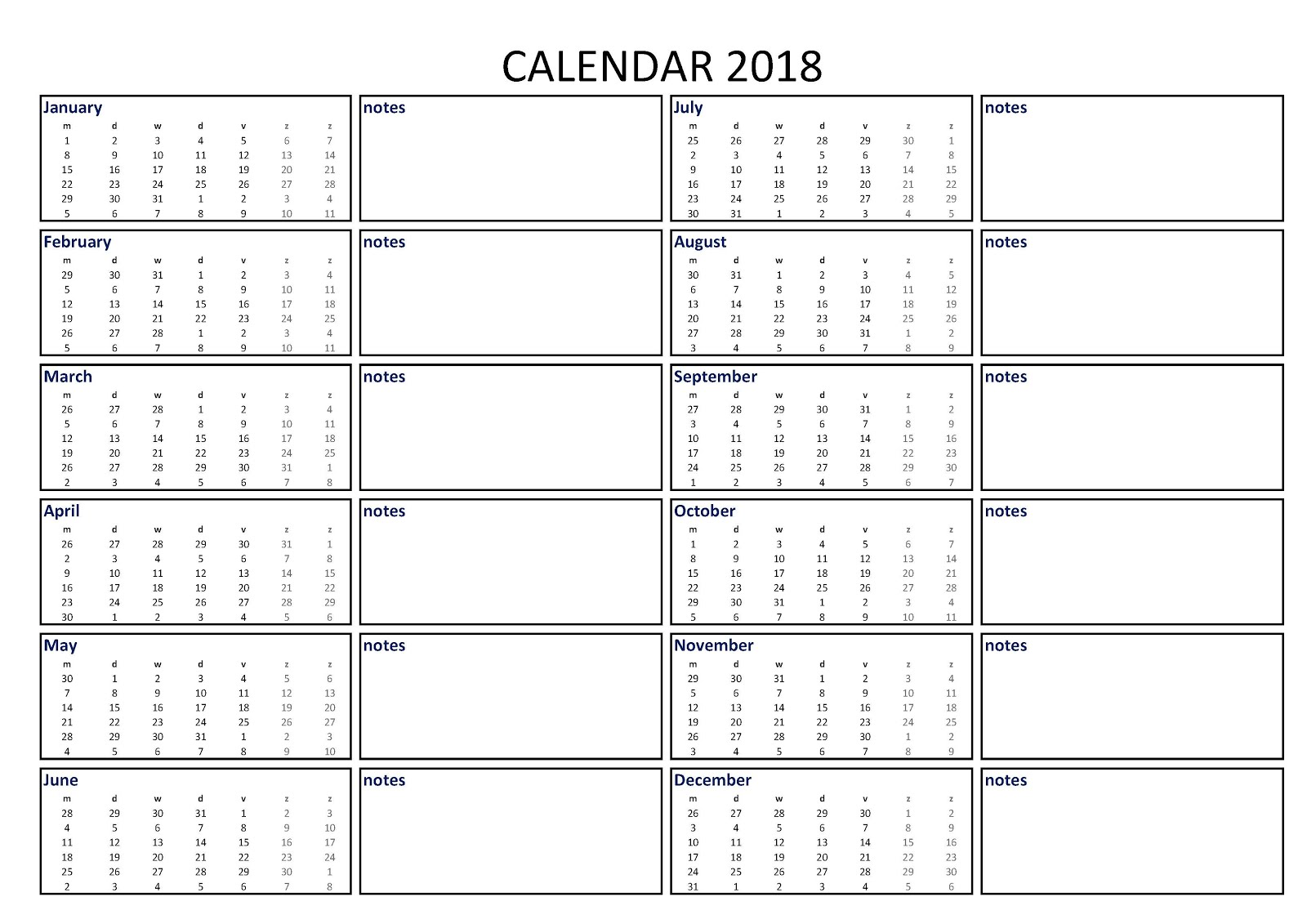 calendar with notes section