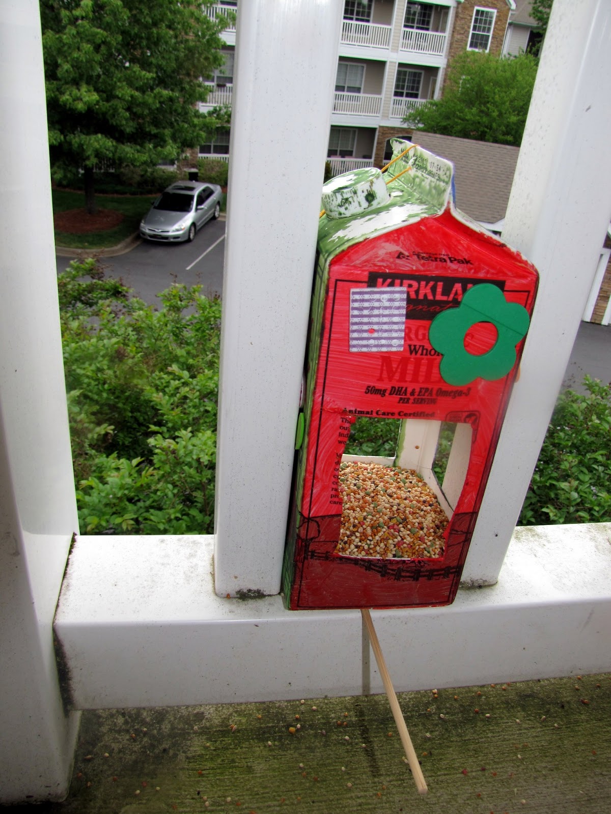 Bird feeders using recycled materials (milk carton and cardboard)