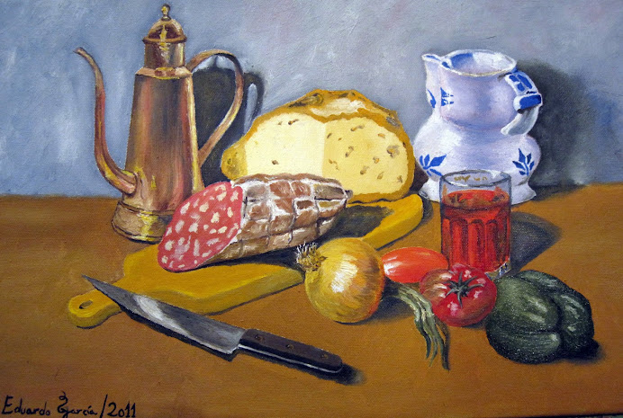 Óleo sobre lienzo "Bodegón del Salchichon" 41 x 27 cm